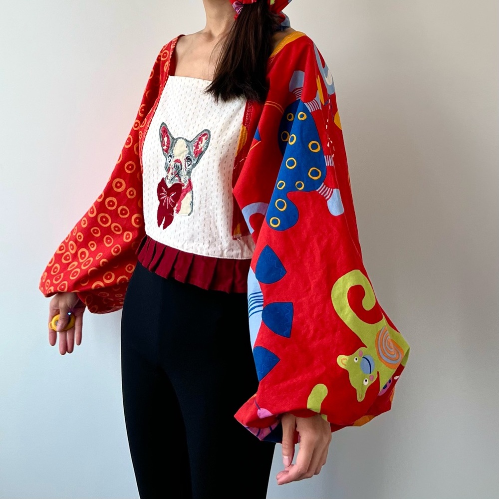 Handmade French Bulldog Bow Puff Sleeve Top with Matching Scrunchies SKU 09213 - Picture 8 of 16